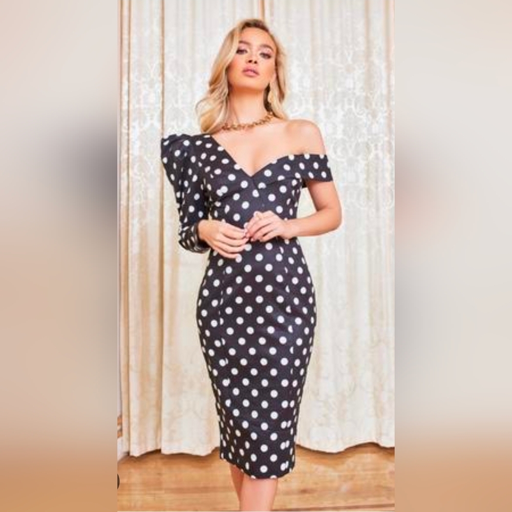 Lavish Alice Midi Navy Blue Polka Dot Off-Shoulder Dress Size US 4